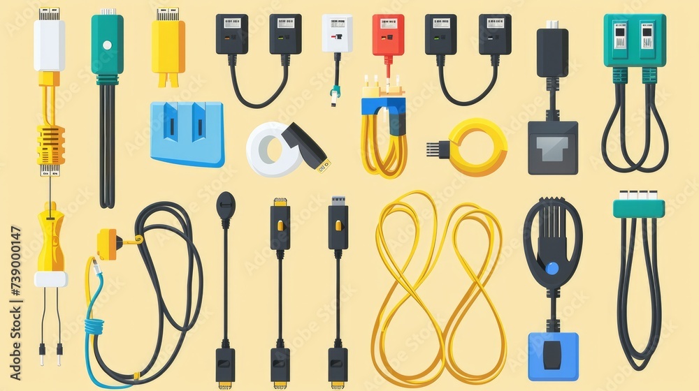 A vector silhouette illustration depicting a collection of cable wires and electric plugs A vector silhouette illustration depicting a collection of cable wires and electric plugs