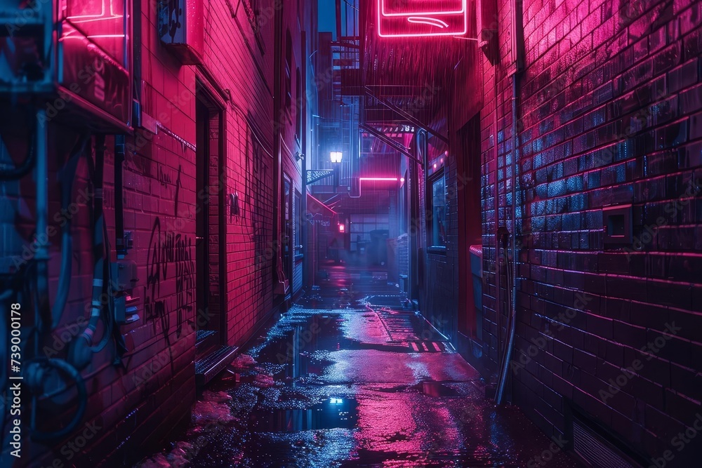 Gritty urban alley illuminated by neon lights Creating a moody and atmospheric setting for a noir-inspired scene