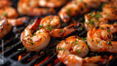Grilled shrimps on a barbecue representing cooking, seafood, gourmet food, and culinary art.