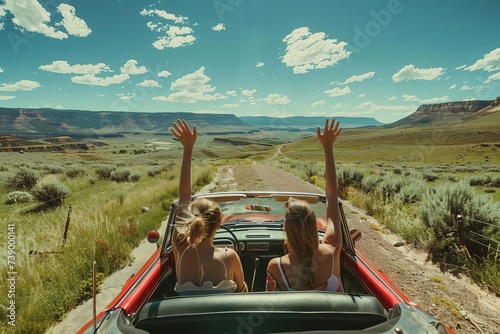 Two friends embarking on a road trip adventure in a red convertible Hands raised in freedom as they drive through a scenic valley under the summer sky