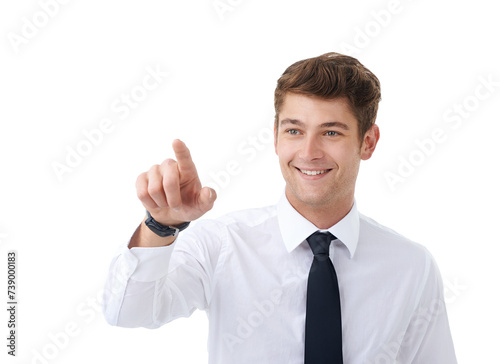 Smile, finger and pointing with business man in studio isolated on white background for interface access. Future, cybersecurity or biometrics and hand of happy young employee at work as web user