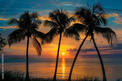 Palm trees silhouette against a dramatic sunset Tropical serenity Peaceful evening landscape