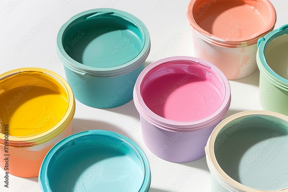 Several containers of wall paint rest on a white surface, displaying a range of vibrant colors and soft nuances. Containers of richly colored paints. Several containers of wall paint rest on a white surface, displaying a range of vibrant colors and soft nuances. Containers of richly colored paints.