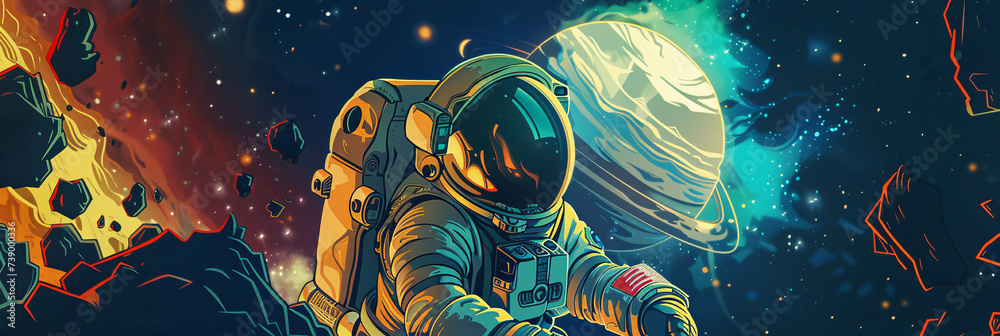 an astronaut in space, in the style of colorful landscapes, playful illustrative style, generative AI