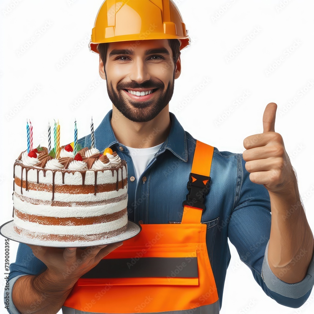 Worker with a cake celebrating Labor Day isolated on white background Worker with a cake celebrating Labor Day isolated on white background