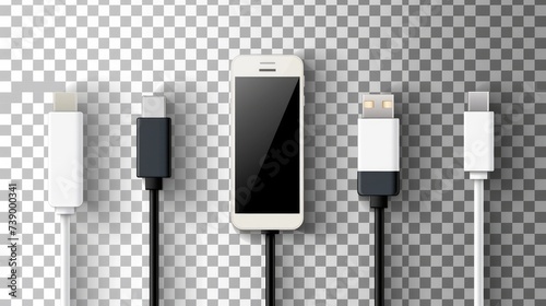 A creative vector illustration featuring cellphone USB charging plugs and cables, isolated on a transparent background. This art design showcases universal recharger accessories, including Type-C