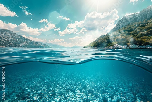 Split underwater and above-water view showcasing the contrast between the serene underwater world and the sunny sky above Emphasizing the beauty and duality of nature
