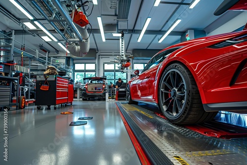 Car undergoing maintenance in a modern auto repair shop With skilled mechanics working on diagnostics and repairs to ensure peak performance © Jelena