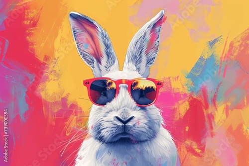 Modern minimalist rabbit illustration Wearing trendy sunglasses Against a vibrant background Summer vibe