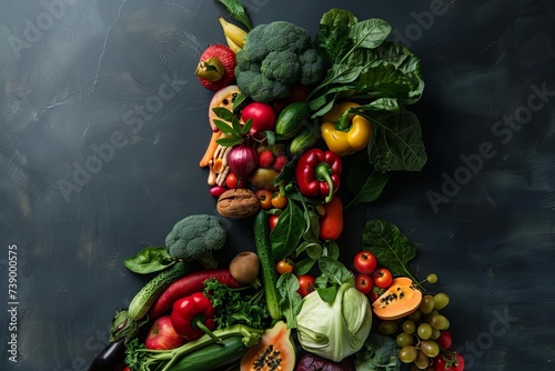Creative representation of the human body using an assortment of fruits and vegetables Symbolizing health Nutrition And the importance of a balanced diet.