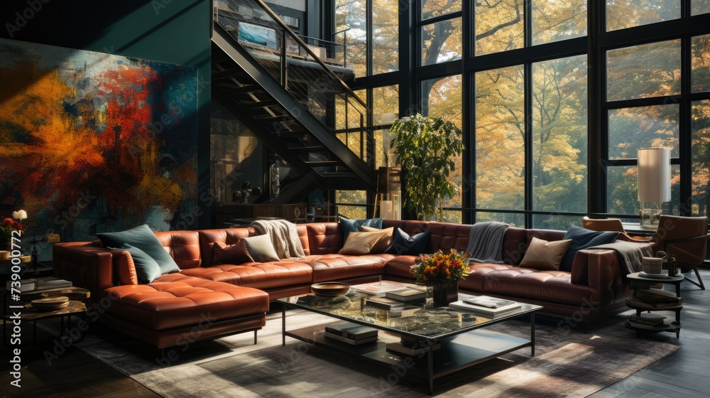 apartment with city view, large windows and beautiful lighting. Cozy and luxurious interior design apartment with city view, large windows and beautiful lighting. Cozy and luxurious interior design