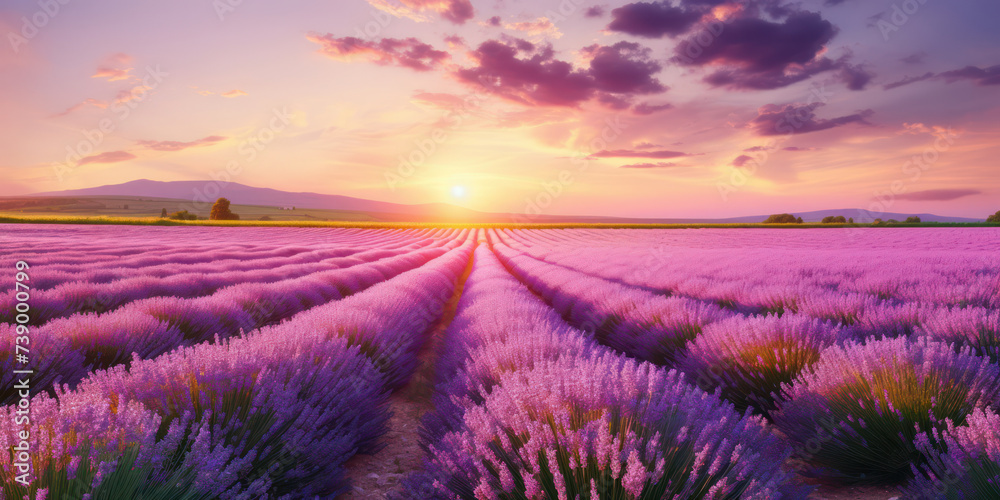 Purple sunset over a lavender field in Provence: Captivating Nature's Perfume.