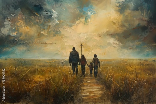 Family's journey of faith depicted in a rear view walking towards a distant cross in an open field Symbolizing guidance and devotion. photo