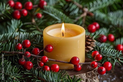 Festive candle nestled in a spruce branch adorned with vibrant berries Creating a cozy and inviting holiday atmosphere.