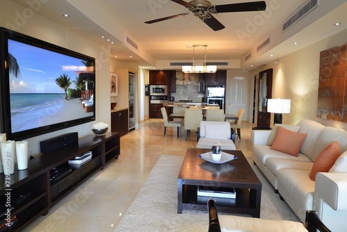 Spacious and stylish living room featuring a large flat-screen tv and modern decor Perfect for entertainment and relaxation