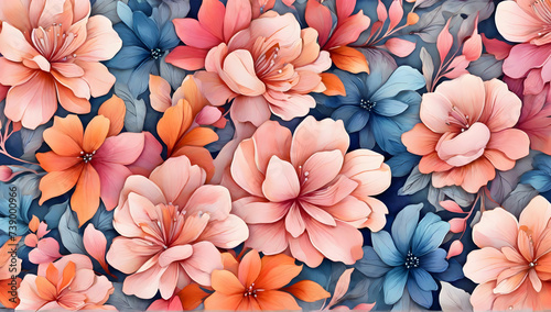 Seamless pattern of flowers with pink blue and orange background. Pink flowers background. Illustration of watercolor textured abstract art textile flower design