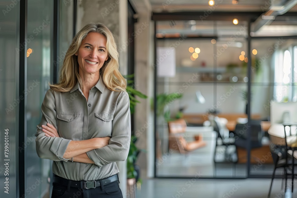 Fototapeta premium Confident mature businesswoman with a warm smile Standing in a contemporary office space Exuding leadership and experience