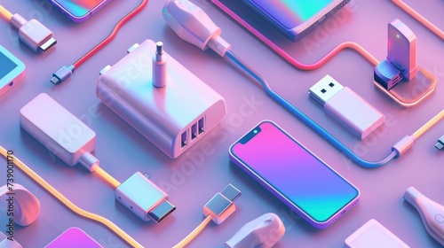 A realistic depiction of a phone charger, featuring a 3D USB cable, electric plugs, and auto adaptors for charging devices. Vector illustration showcases digital equipment for recharging accumulators photo