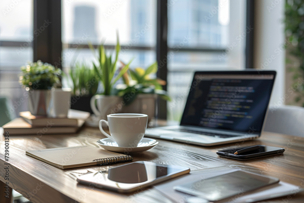 Organized Desk with Laptop and Coffee - Efficiency Stock Image Organized Desk with Laptop and Coffee - Efficiency Stock Image