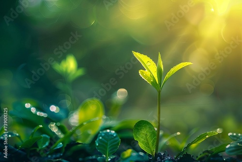 Young plant bathed in the morning light Symbolizing growth and new beginnings. a hopeful and refreshing image Ideal for themes of renewal and nature.