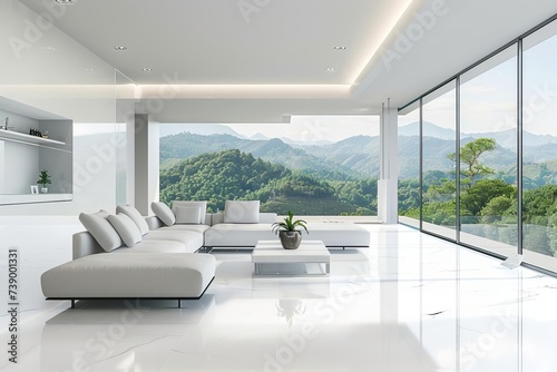 Luxurious open space living room with minimalist decor and panoramic windows overlooking a serene landscape