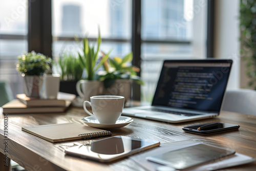 Organized Desk with Laptop and Coffee - Efficiency Stock Image