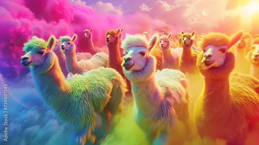 Playful Fun Rainbow Colorful Llama Stampede In The Clouds From The Skies (Generative AI)