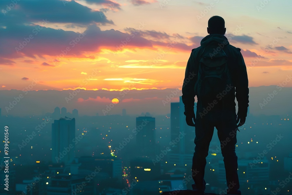 Silhouette of a determined entrepreneur overlooking a city at dawn Symbolizing ambition and the pursuit of success.