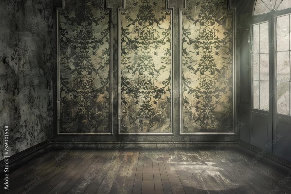Old room with baroque wallpaper. Old room with baroque wallpaper.