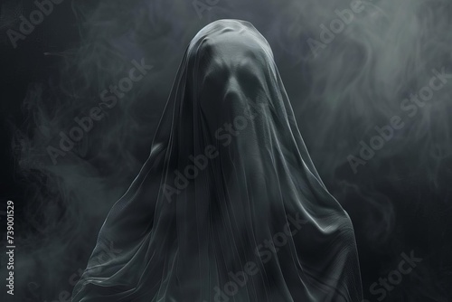 Digitally rendered ghostly apparition Creating an atmosphere of mystery and suspense. ethereal figure shrouded in mist Barely visible against a dark Foreboding backdrop