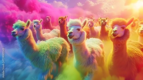 Playful Fun Rainbow Colorful Llama Stampede In The Clouds From The Skies (Generative AI) photo