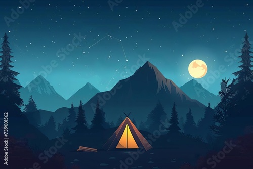 Mountain camping scene under starry sky Tent illuminated from within Adventure and exploration theme © Jelena