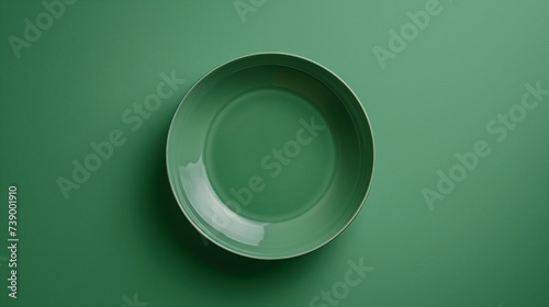 Top view of empty green plate on dark green background.