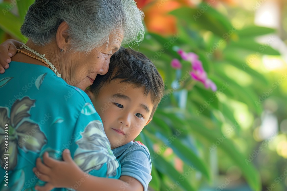 Tender Embrace Between Grandmother and Grandson in a Lush Garden in Hawaii  - obrazy, fototapety, plakaty 