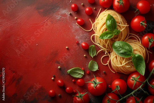 Spaghetti noodles, tomatoes and basil with pepper on red background, top view. Restaurant background © Тамара Печеная