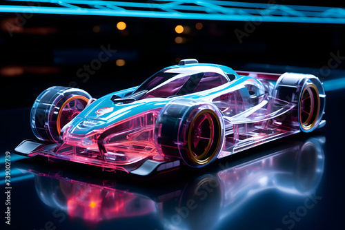 3D rendering of a racing car in neon light on a black background