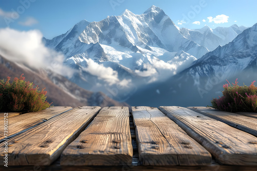 empty wooden board and Himalayan snow mountain. © A2Z AI 