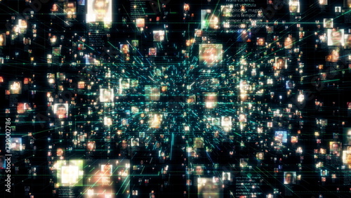 Artificial intelligence concept background as motion in the searching stream of people portraits linked by dark blue and orange data connections in social network. 3D rendering 4K video