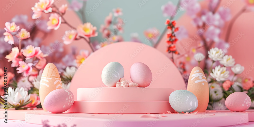 Easter greeting with product podium, pastel Easter eggs, spring flowers. Promotional Poster for an Easter Shopping Spree Easter greeting with product podium, pastel Easter eggs, spring flowers. Promotional Poster for an Easter Shopping Spree