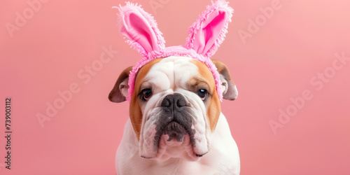 Bulldog dressed in pink Easter bunny ears © PixelCharm