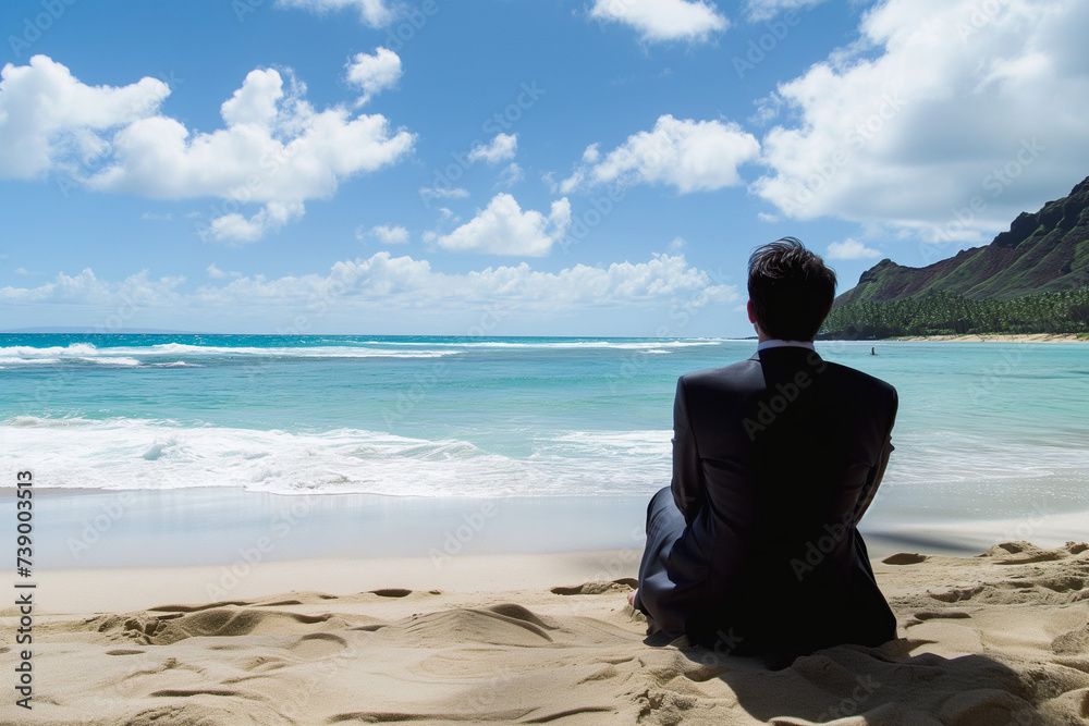 A man dressed in a business suit is seated on a sandy beach, gazing out at the ocean waves in front of him.