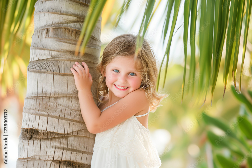 A smiling young girl wearing a white dress is standing next to a tall palm tree. The girl appears to be playing peek-a-boo behind the tree trunk. A smiling young girl wearing a white dress is standing next to a tall palm tree. The girl appears to be playing peek-a-boo behind the tree trunk.