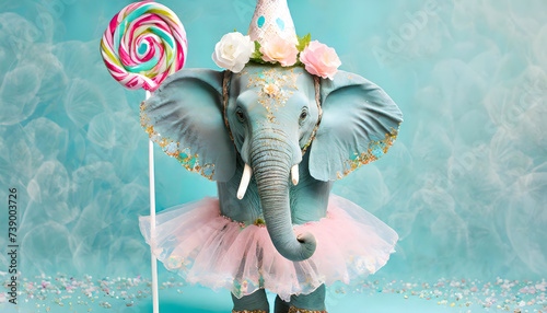 Elefant, tutu, ballerina, lolli, close up, süss, geburtstag, konzept, copy space, neu, hinetrgrund, pastell, niedlich, karte, gestalten, entwerfen, werbung, reklame, kind, baby, Geschenkkarte