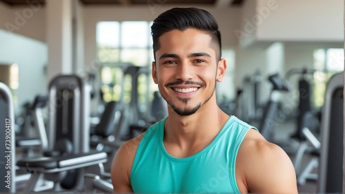Handsome young hispanic man on a fitness center gym smiling on the camera from Generative AI
