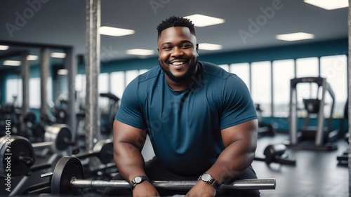Handsome young overweight black african man on a fitness center gym smiling on the camera from Generative AI