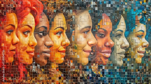 An artistic mosaic wall mural celebrating diversity with colorful, interconnected female faces, depicting the unity of women from different backgrounds.