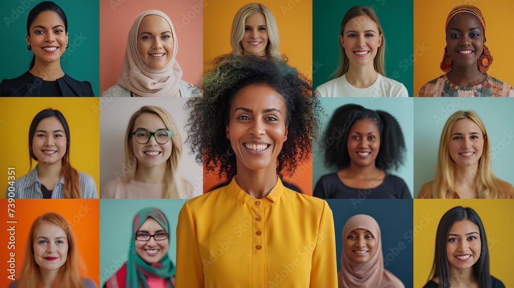 Collage of diverse and happy women with different ethnic backgrounds, hairstyles, and attire, showcasing multicultural beauty. Collage of diverse and happy women with different ethnic backgrounds, hairstyles, and attire, showcasing multicultural beauty.