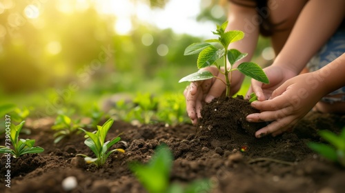 Hands gently surrounding a young plant in fertile soil, illustrating gardening and the concept of growth in nature.