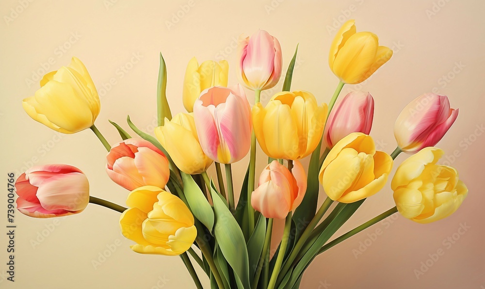 Bouquet of colorful tulips on beige background. Spring flowers Bouquet of colorful tulips on beige background. Spring flowers