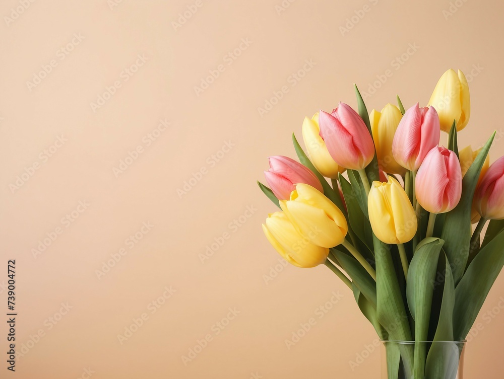 Bouquet of tulips in vase on beige background Bouquet of tulips in vase on beige background